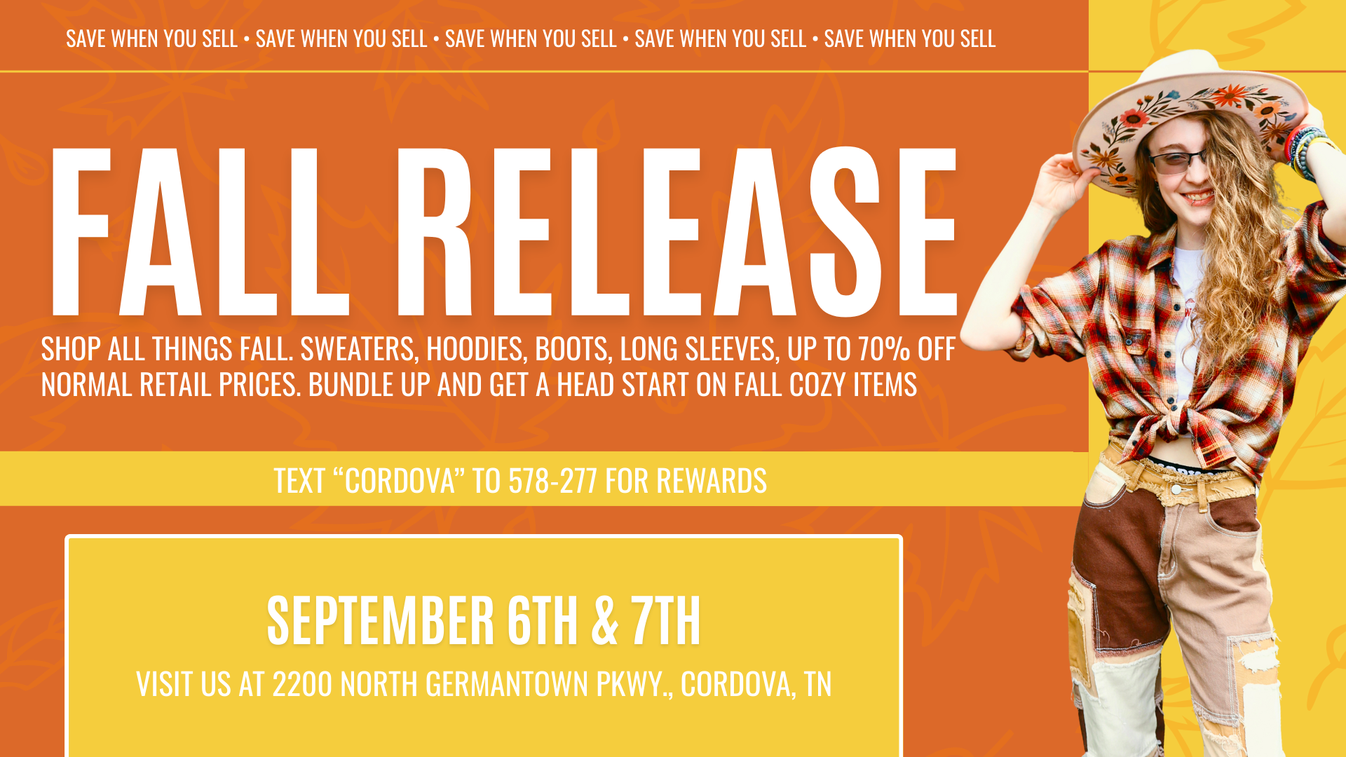 Plato’s Closet Cordova Fall Release event September 6–7 featuring sweaters, hoodies, boots, and long sleeves up to 70% off retail.
